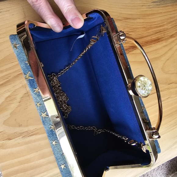 Gold Embossed Star Denim Crossbody Handbag - Picture 7 of 11